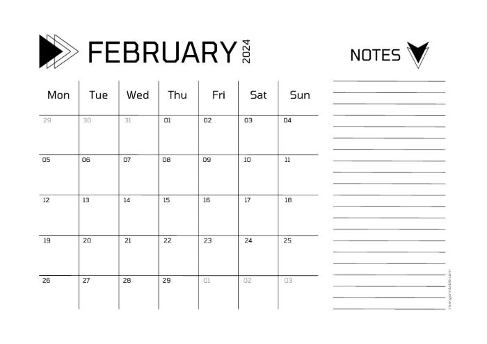 Monday-starting calendar for 2024 February with space for notes