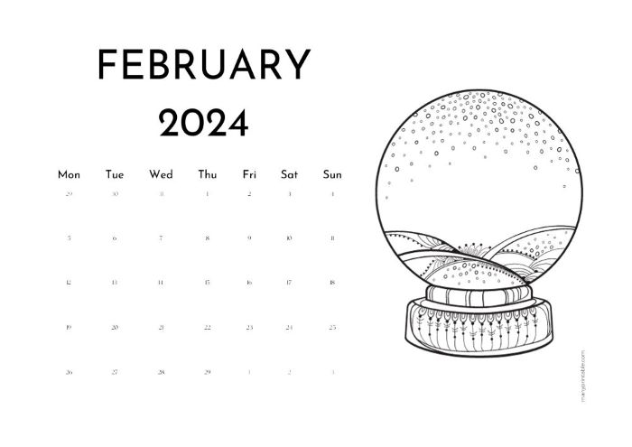 Monday-starting February 2024 calendar with globe drawing to color