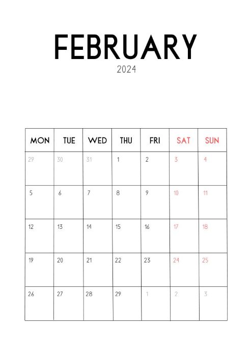 Monday-starting simplistic calendar for 2024 February