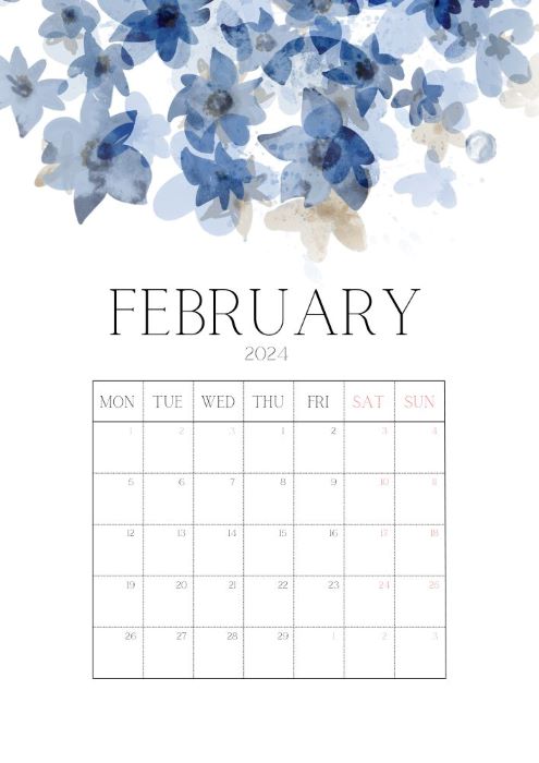 Monday-starting 2024 February calendar with flowers