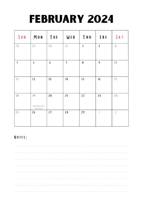 minimal February 2024 calendar with lines and holidays marked