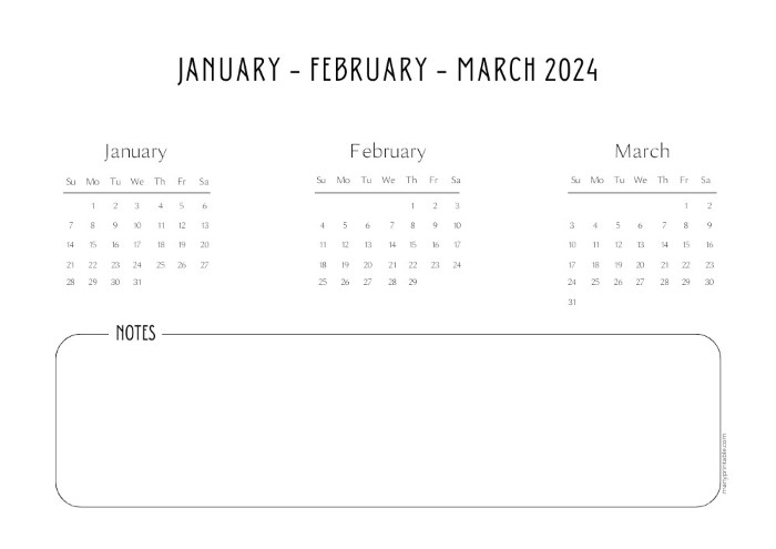 2024 January-March Printable Calendar with Notes