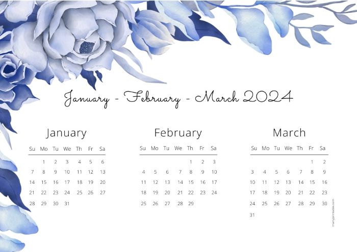 January-March 2024 Floral Calendar for Print