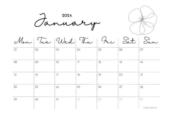 Monday-starting January 2024 calendar with a flower