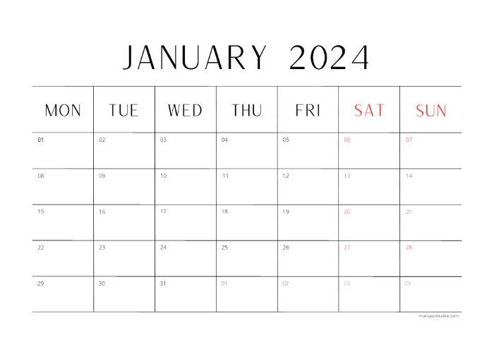 Simple 2024 January printable calendar Monday starting with landscape layout