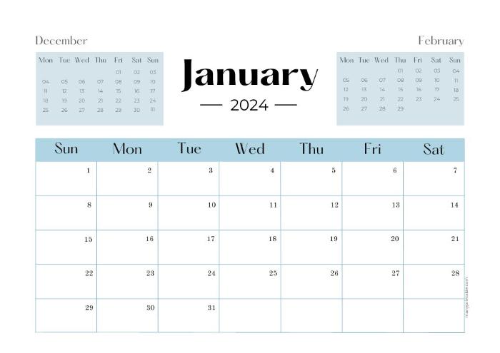 Monday-starting office January 2024 calendar with December and February