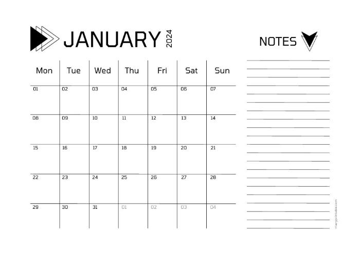 Monday-starting formal January 2024 printable calendar with space for notes