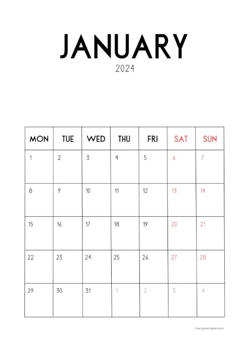 Monday-starting academic January 2024 calendar