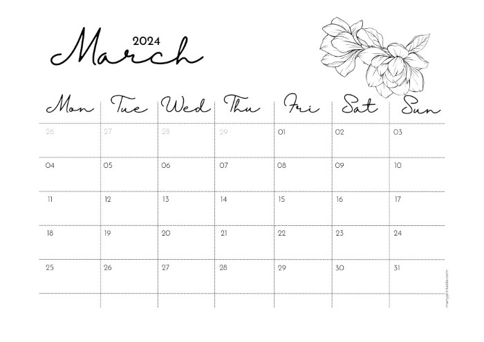 Flower-motif Monday-starting printable 2024 March calendar