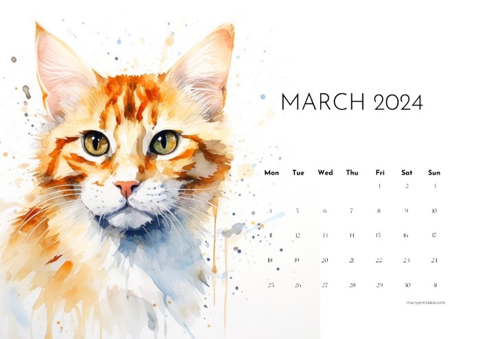 Monday-starting March 2024 calendar with watercolor cat drawing