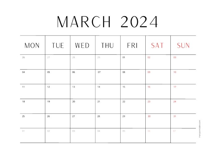Simple Monday-starting landscape calendar for March 2024