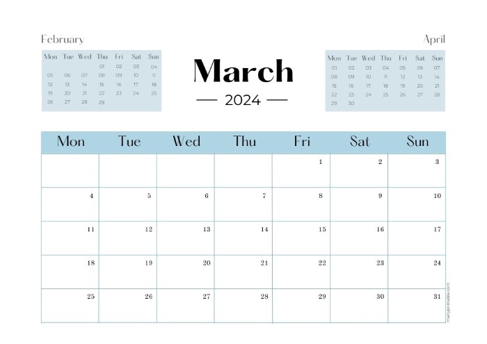 Office Monday-starting calendar for March 2024 with February and April