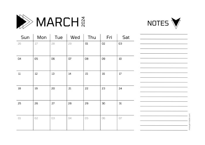 Strong Monday-starting March 2024 Printable Calendar