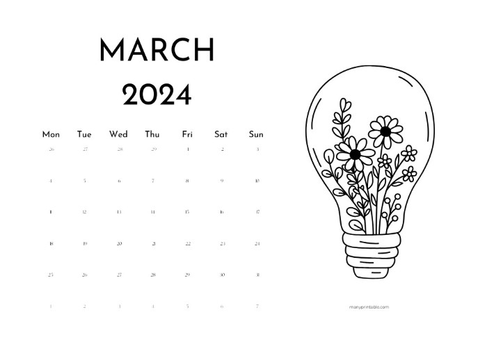 Monday-starting March 2024 calendar with light bulb drawing to color