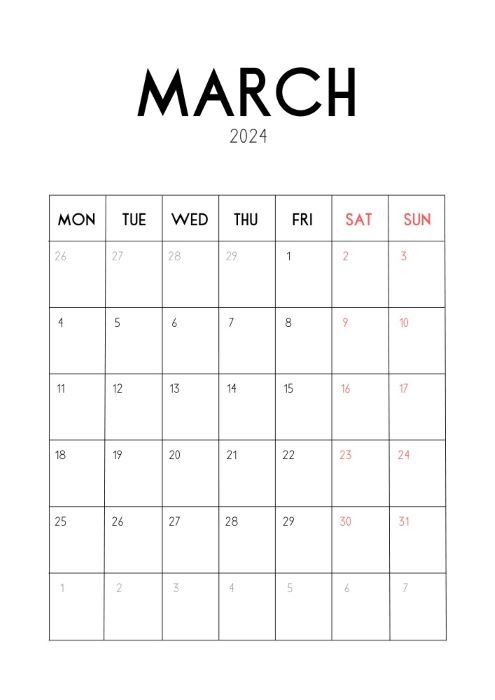 Monday-starting vertical March 2024 printable calendar
