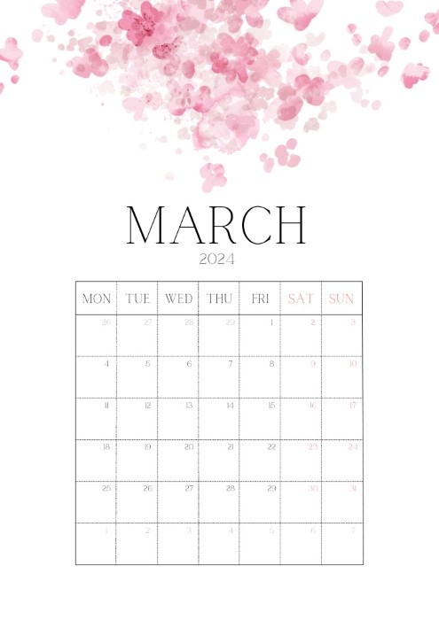 Monday-starting flower design March 2024 calendar to print