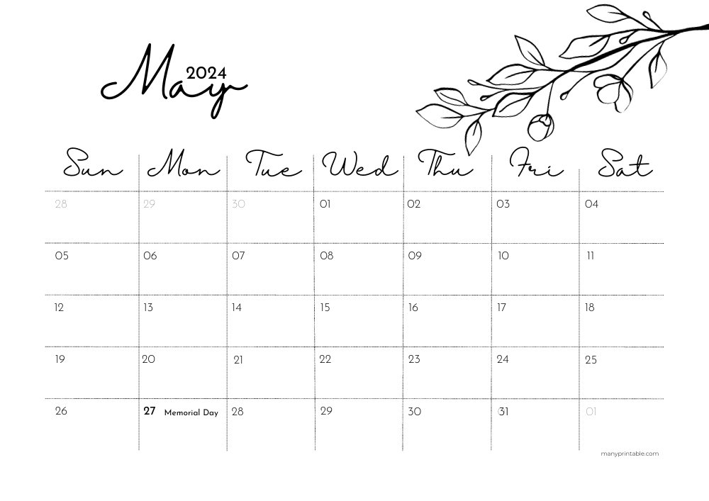 Flowery printable May 2024 calendar with holidays marked
