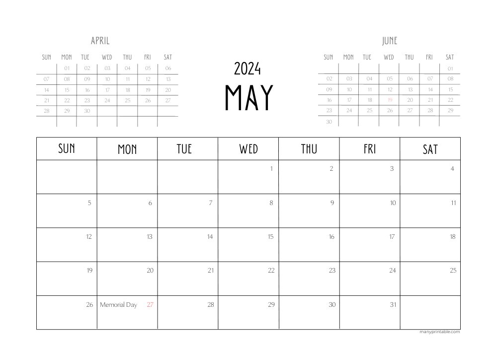 May 2024 calendar with marked holidays and April-June preview