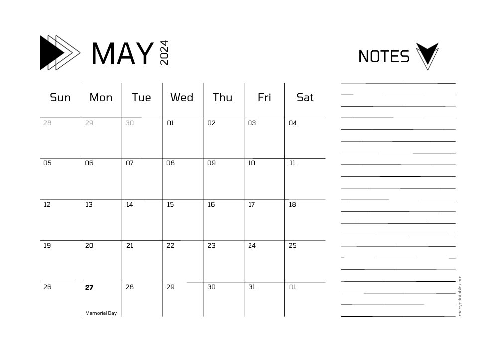 May 2024 calendar with official design and holidays marked