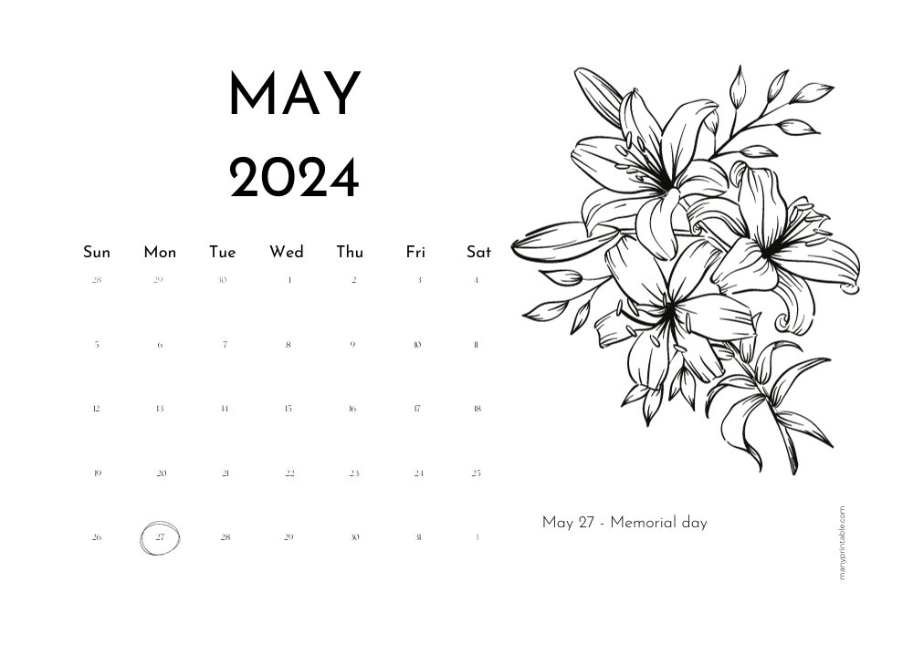 May 2024 printable calendar with holidays marked and flower design