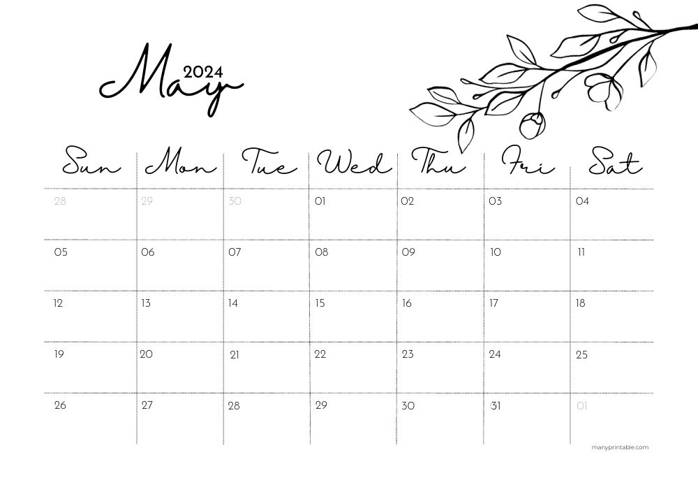 May 2024 minimalist printable calendar with flowers
