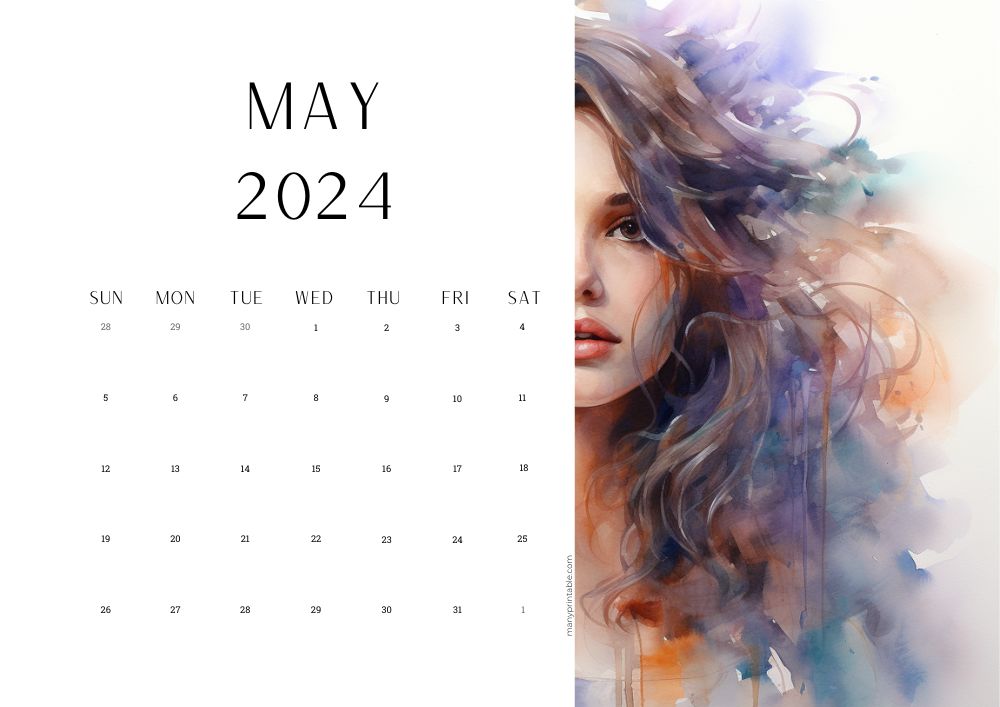 2024 May printable calendar with a watercolor portrait