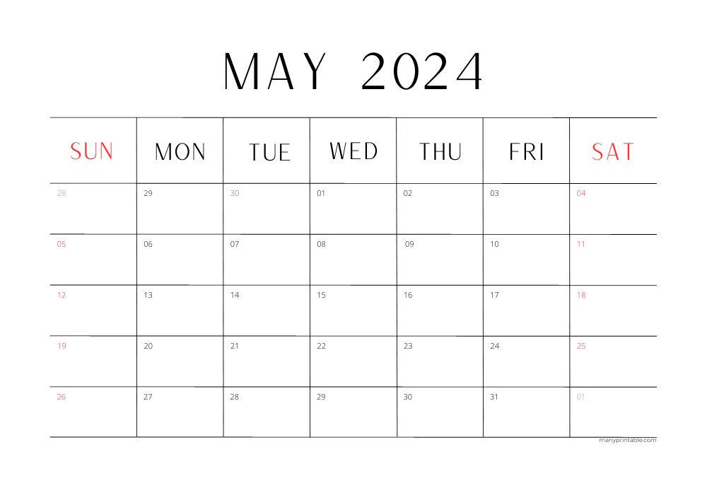 Simple May 2024 printable calendar