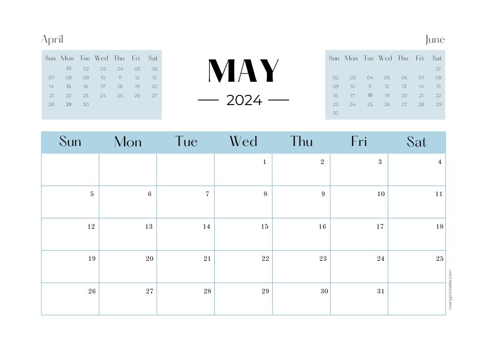 May 2024 color calendar with April and June