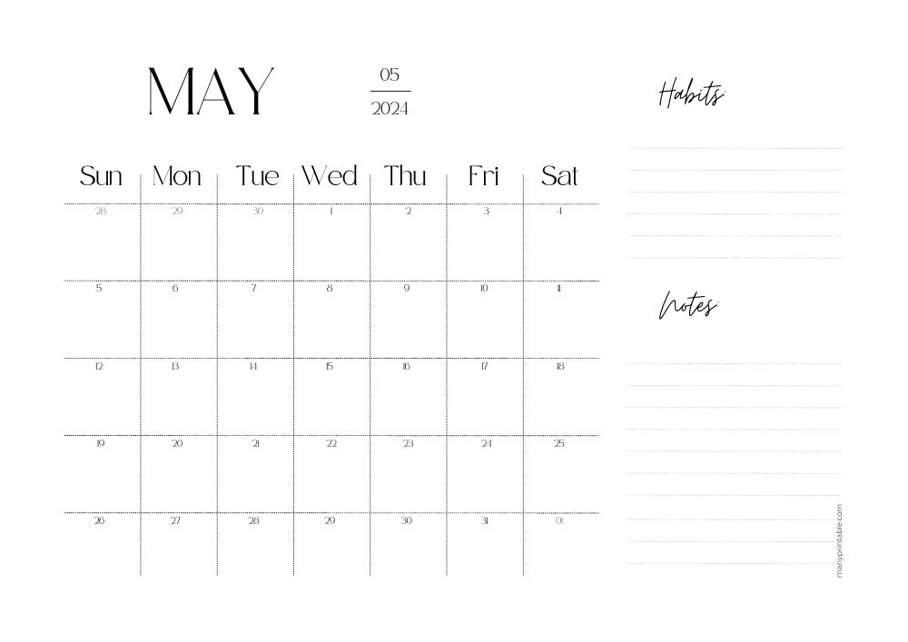 May 2024 calendar with lines for tracking habits and notes