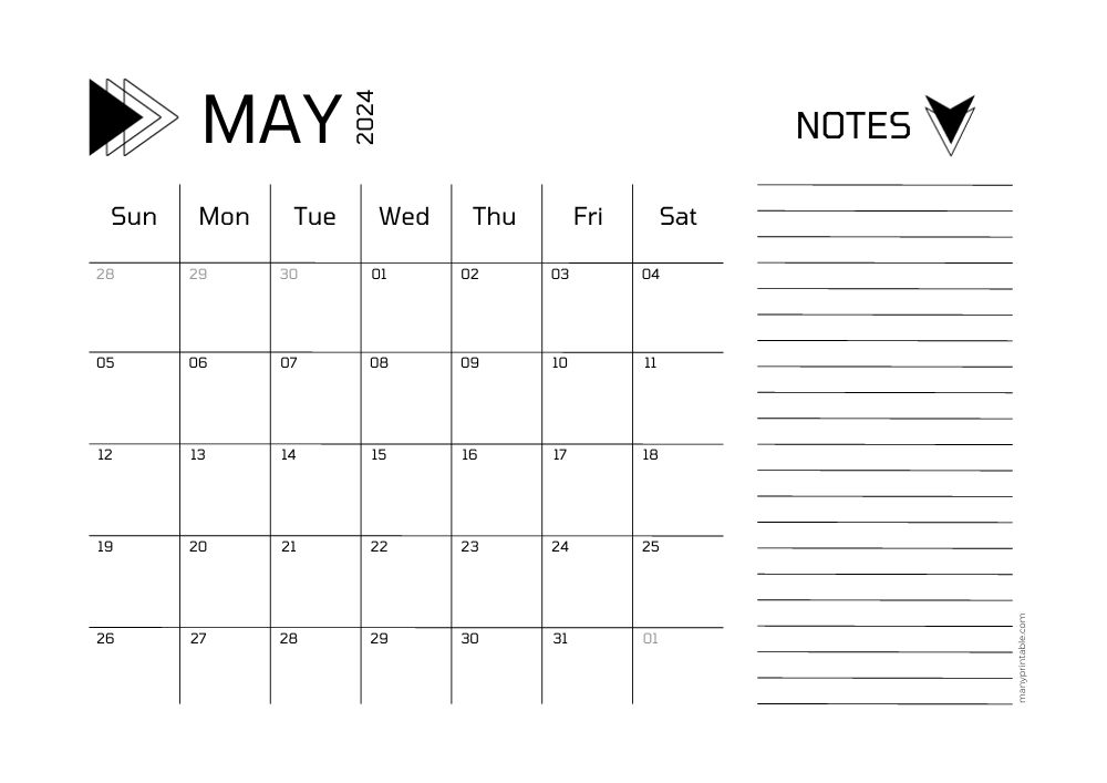 May 2024 printable calendar template with space for notes