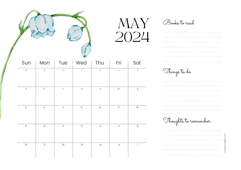 Colorful May 2024 calendar with notes and flower design