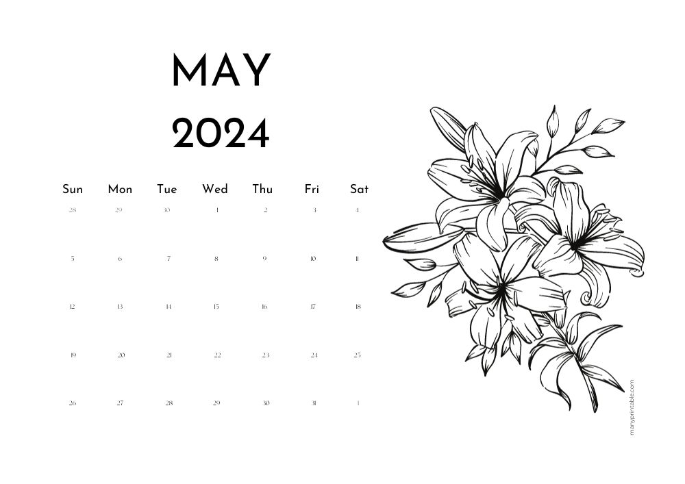 May 2024 calendar with flower drawing to color