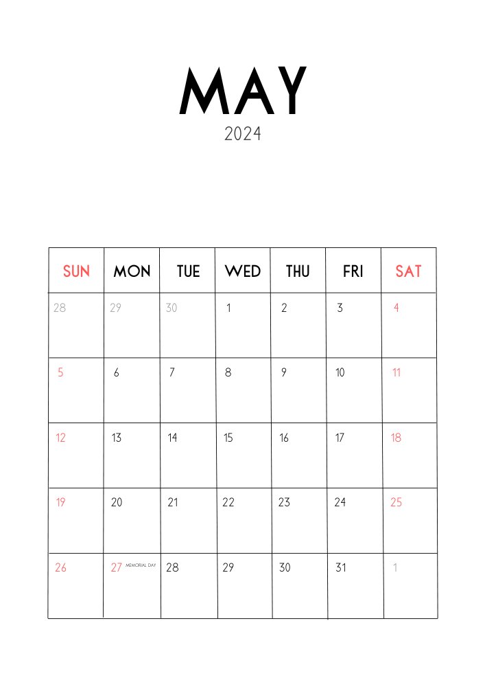 Vertical May calendar 2024 with holidays