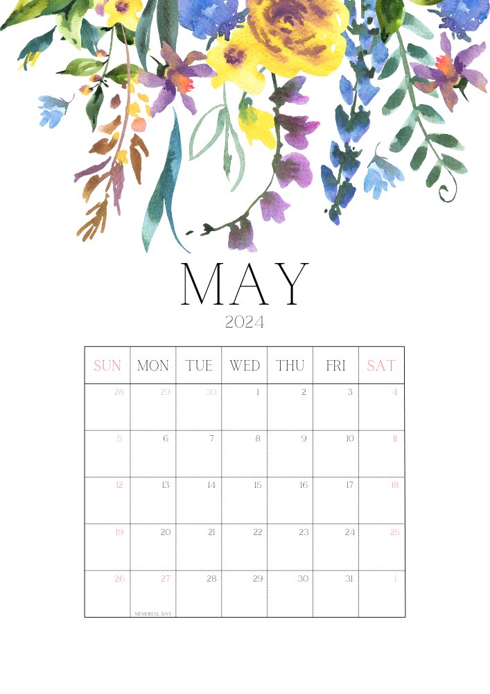 May 2024 calendar with colorful watercolor flowers and holiday marked