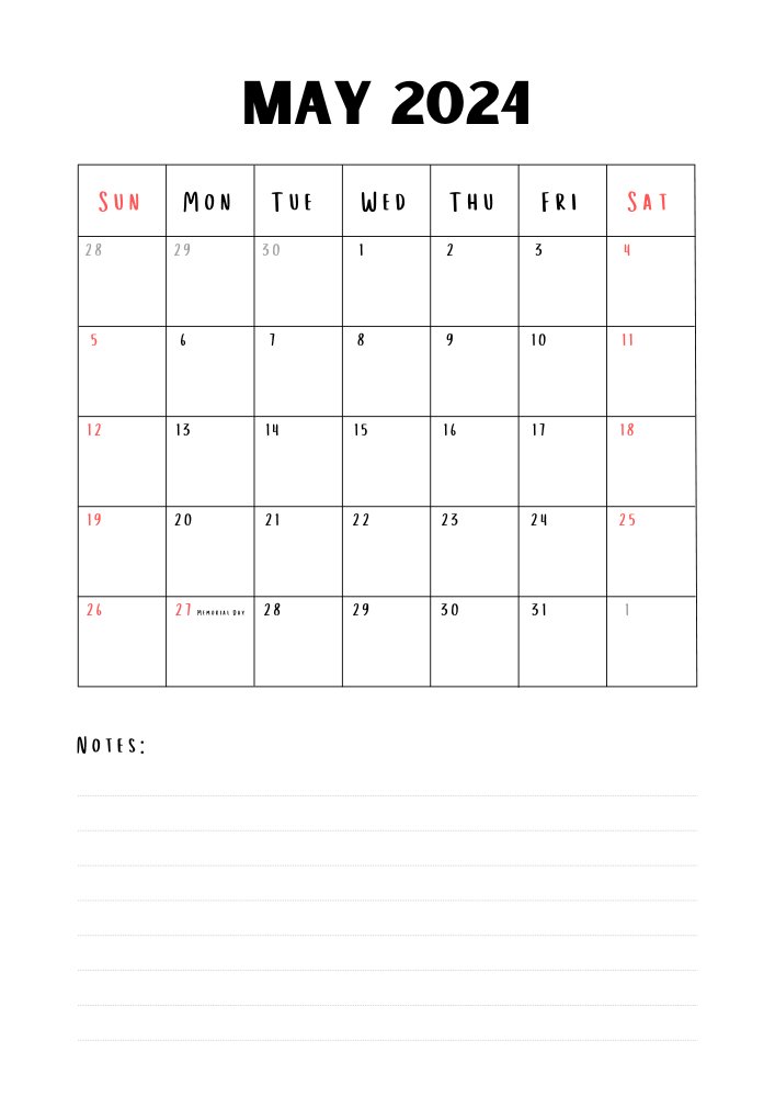 May 2024 printable calendar with note space and holidays marked
