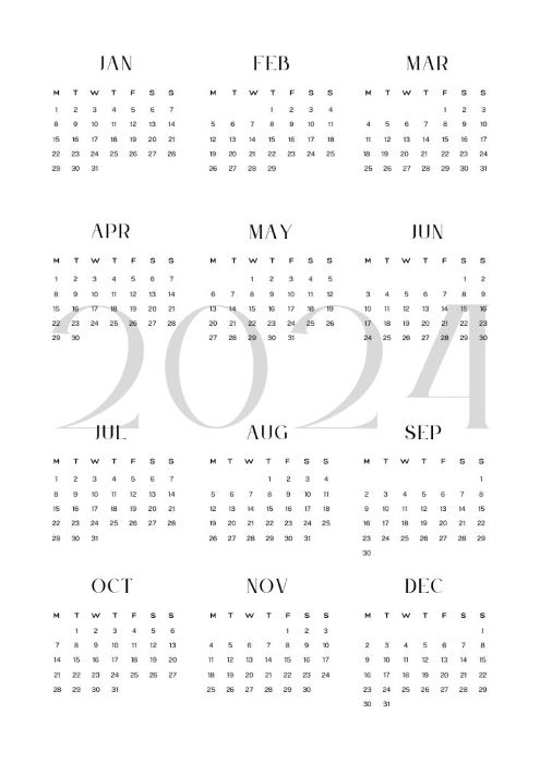 Monday-starting calendar yearly with 2024 in the background