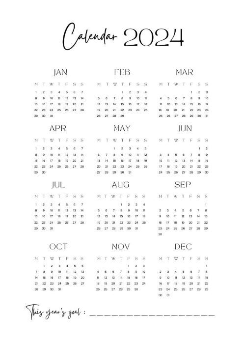 Monday-starting vertical small font 2024 yearly calendar for print