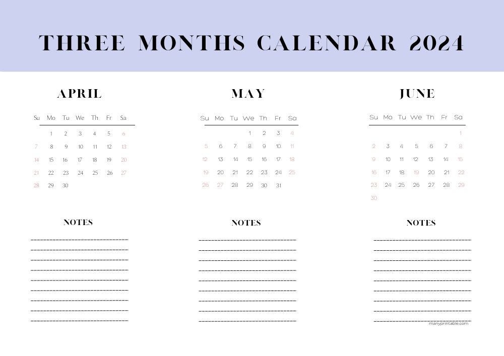 2024 April-June Calendar with Notes