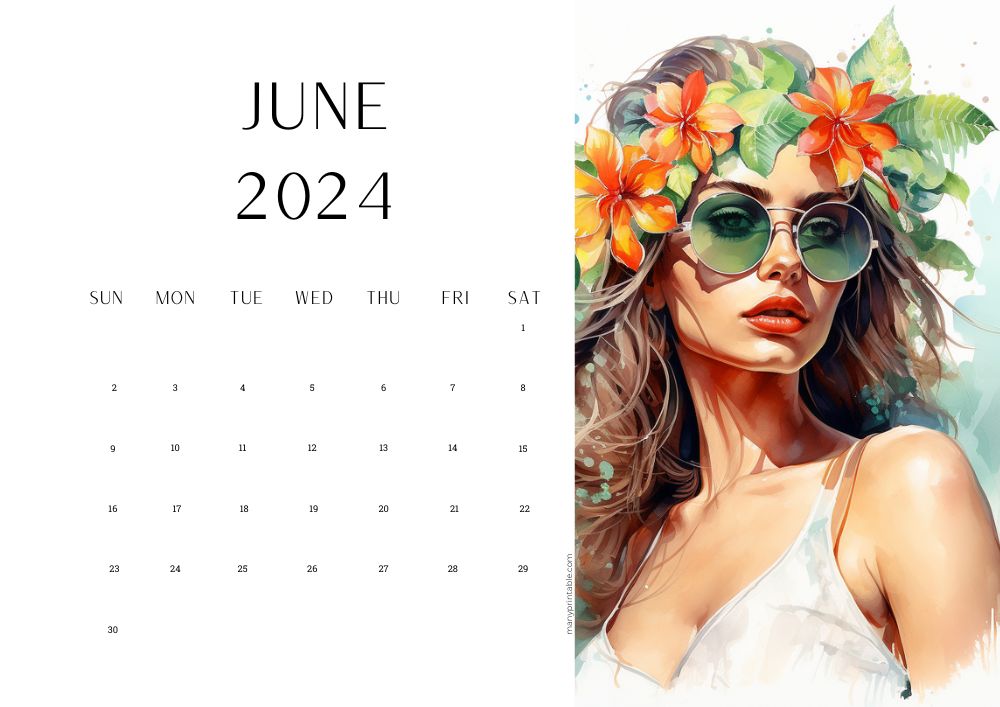 June 2024 calendar with colorful portrait 