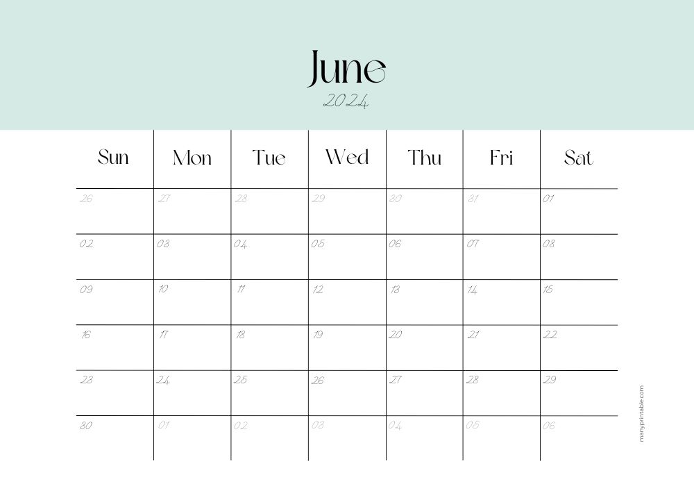 June 2024 calendar with green header