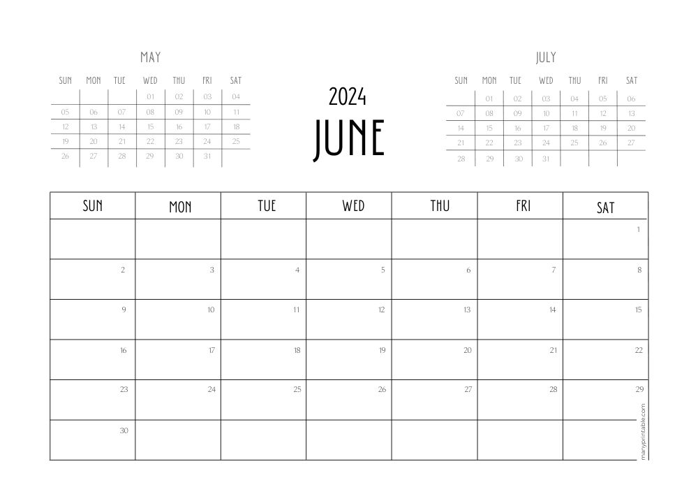 Minimalist 2024 June calendar with May and July preview