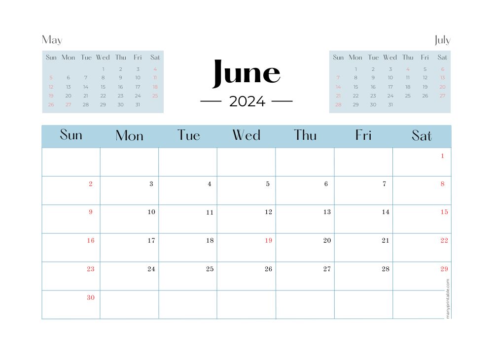 Simple color design 2024 June calendar with May and July preview