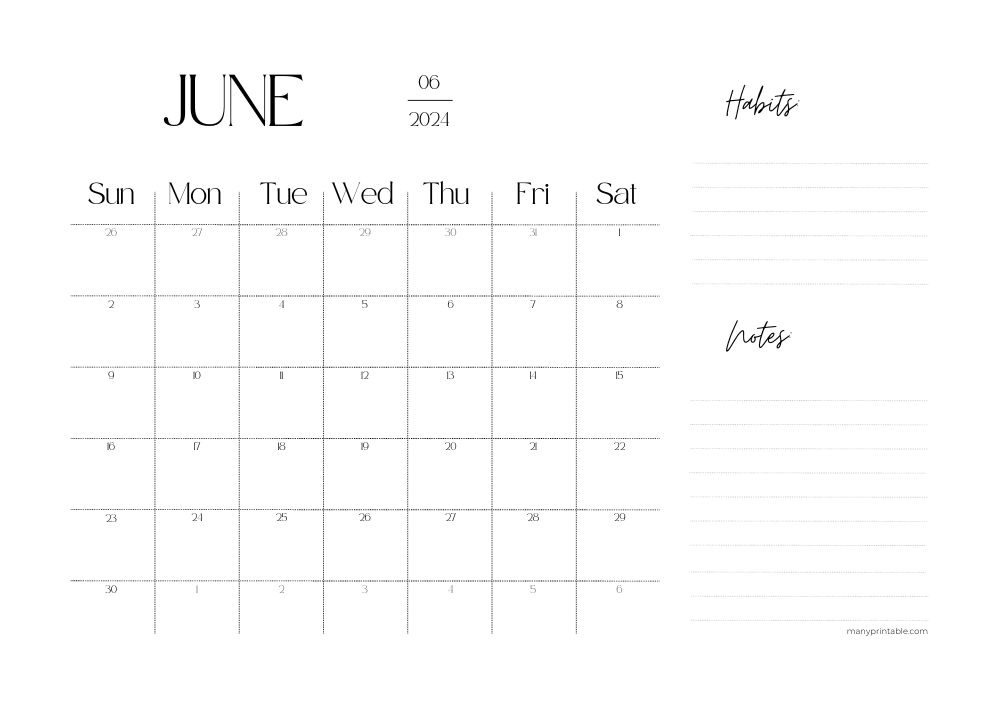 June 2024 printable calendar with habit tracker and notes