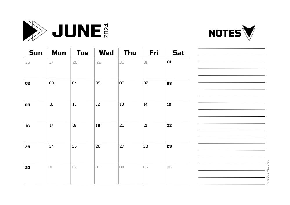 Official June 2024 calendar with space for notes