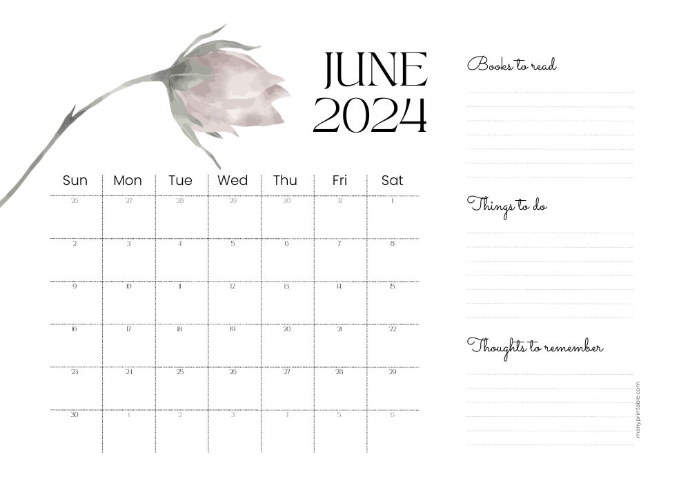 Detailed June 2024 with a lot of space for notes and flower drawing