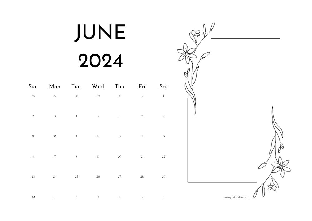 2024 June calendar with flower drawing to color