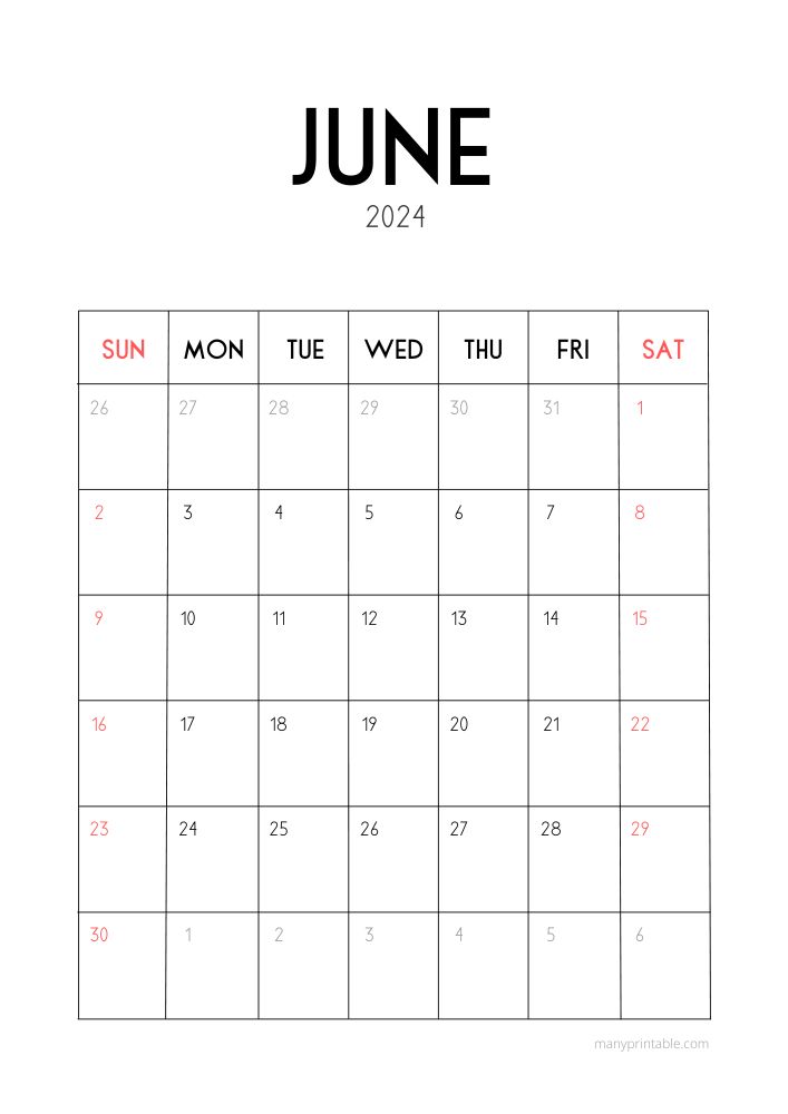 Vertical 2024 June calendar to print