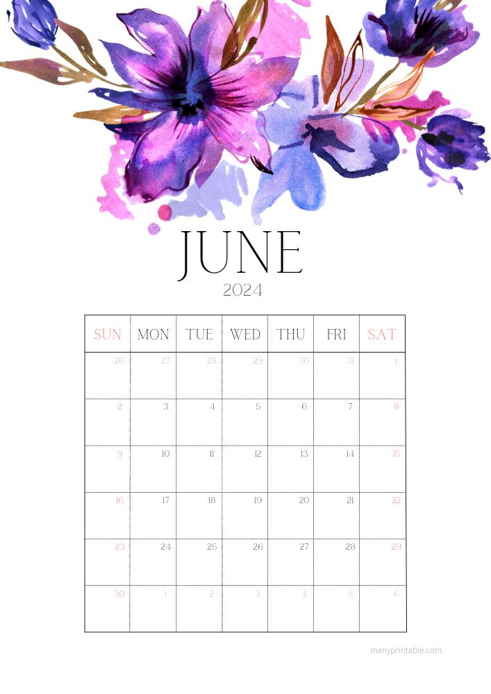 Bright watercolor June 2024 calendar to print with flowers