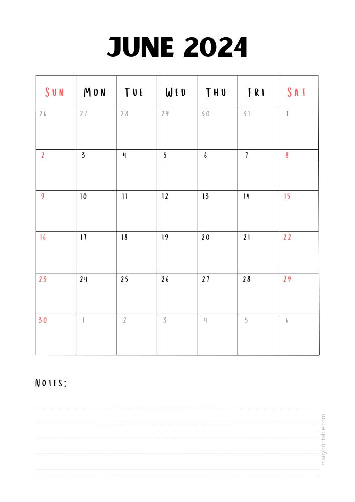 Simple June 2024 calendar with lines to print