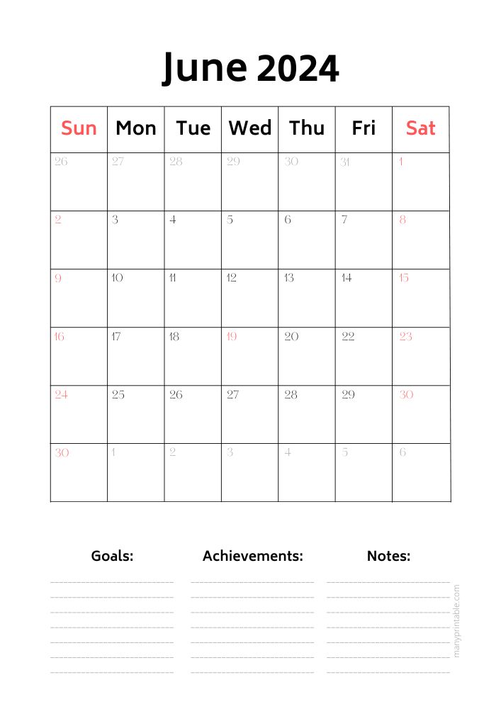 June 2024 calendar with space for goals and achievements